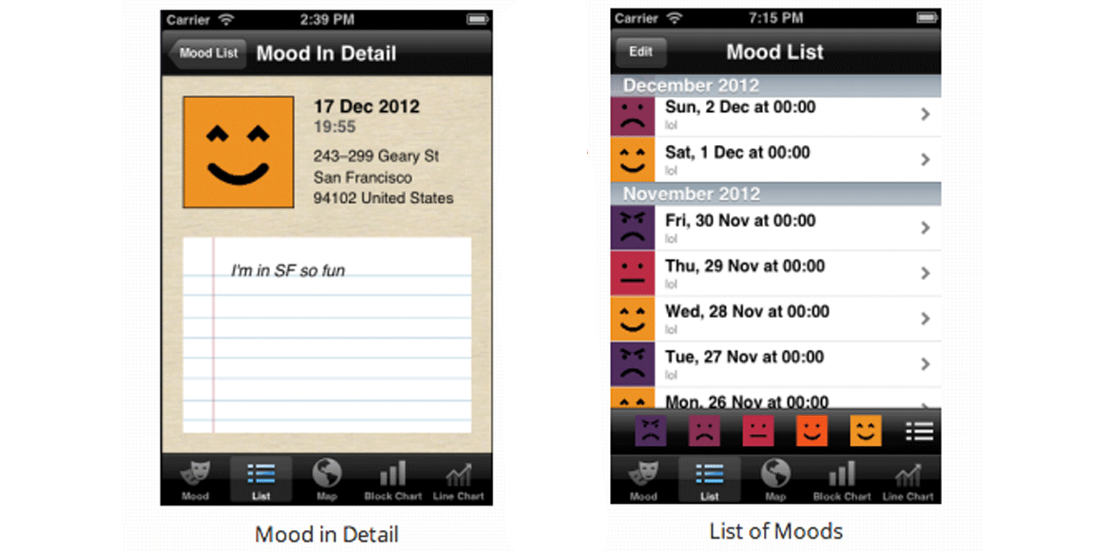 Find Your Happiness first screenshots: adding a comment and viewing the list of moods recorded.