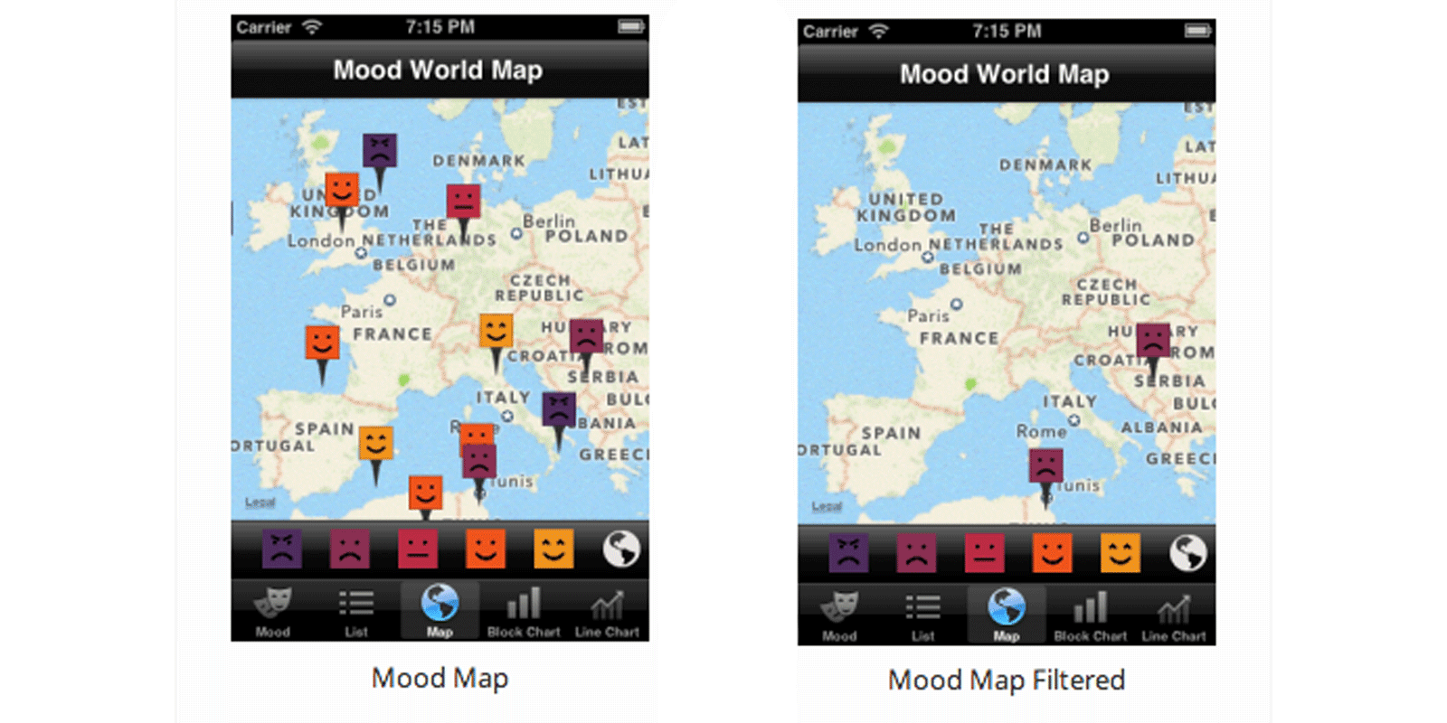 Find Your Happiness first screenshots: visualizing moods on the map.